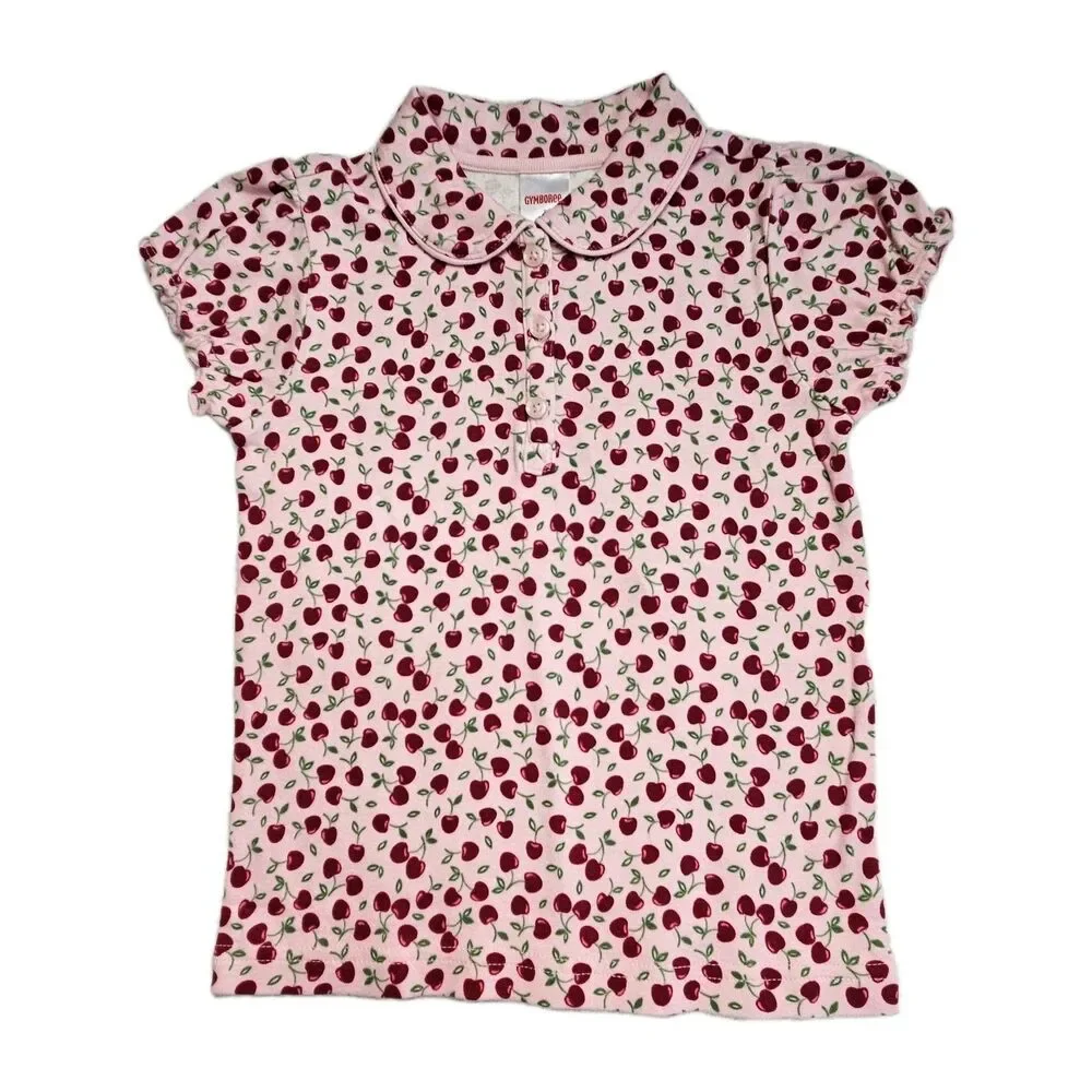 Vintage Gymboree Top Girls Size 5 Pink Red Polo Cherry Pie Line All Over Print